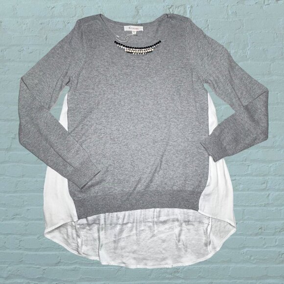 NWT Vince Camuto Jeweled Neck Sweater Sz.M Gray Chiffon Hem Oversized Preppy - Picture 9 of 9